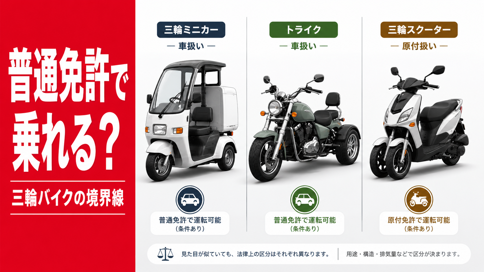 普通免許で乗れるバイク型車両について、ミニカー登録、トライク、前二輪スクーターの違いを整理する記事のアイキャッチ画像