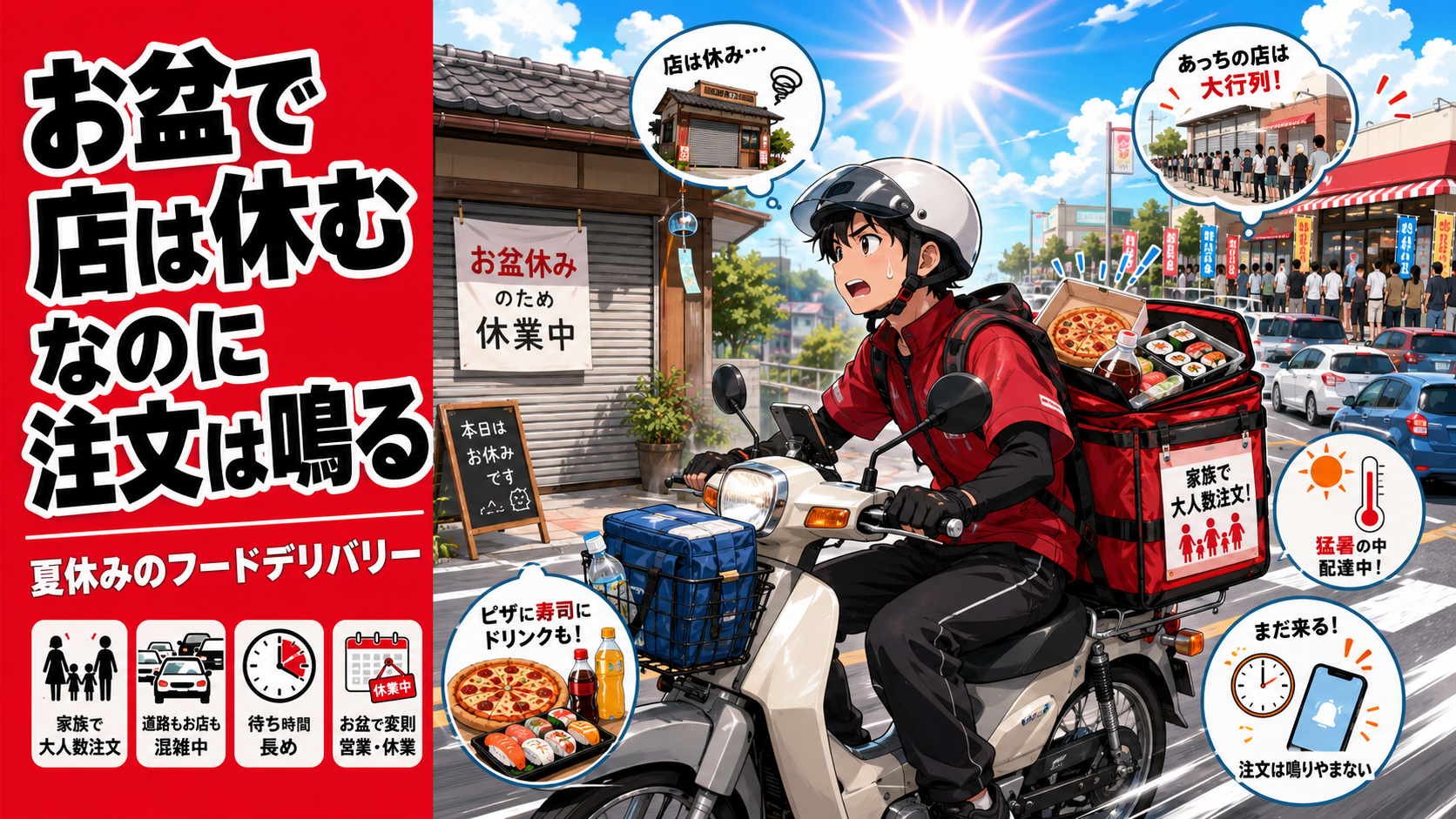 お盆や夏休みに店の営業変則と家族注文でフードデリバリーの現場が変わる様子を、原付配達員と住宅街で表したブログ用アイキャッチ