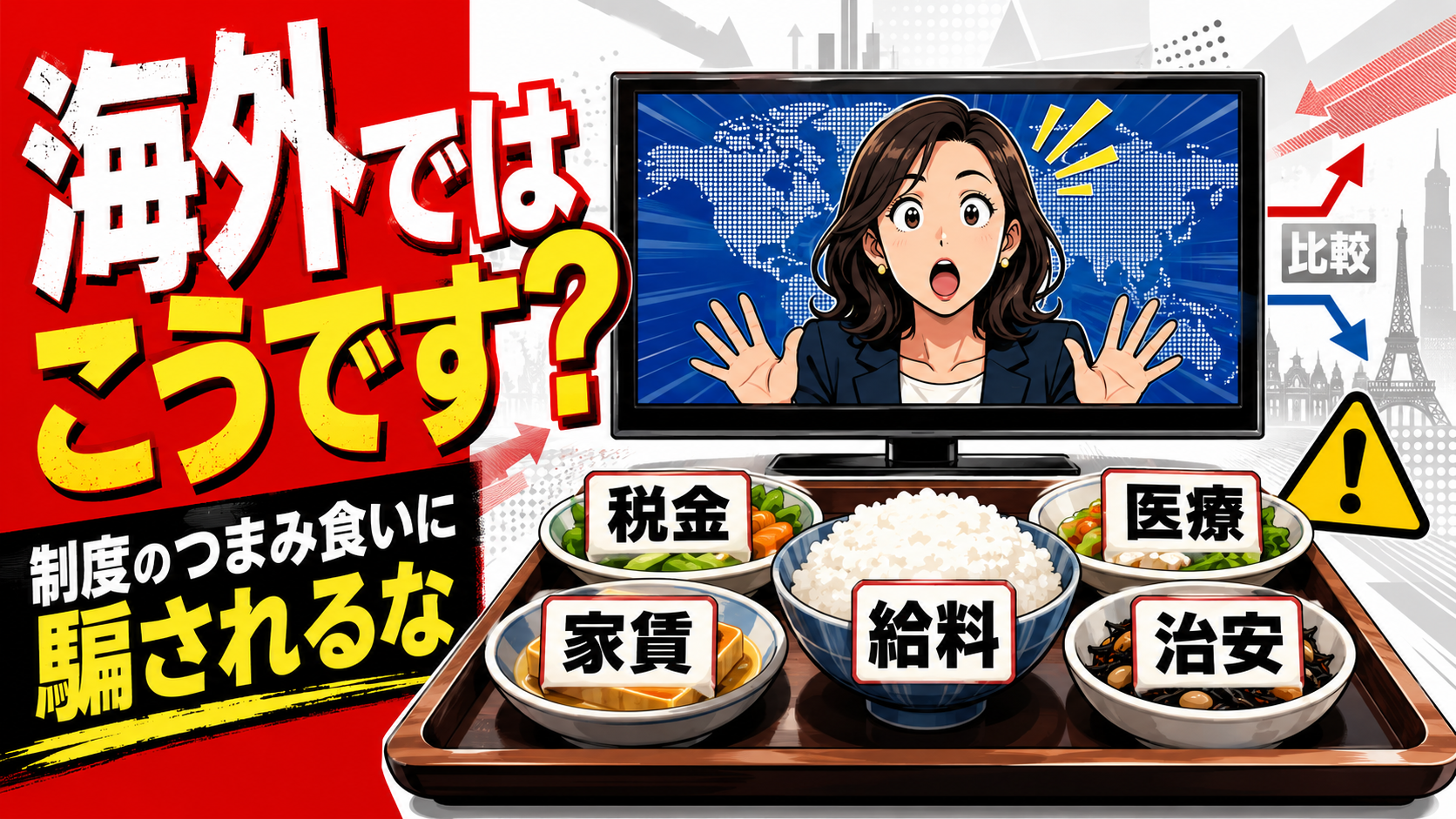 テレビの海外比較報道を、税金・医療・家賃・給料・治安を含めた定食理論で読み解く記事のアイキャッチ画像