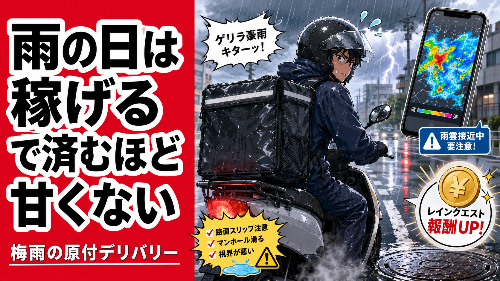 梅雨の雨の日に原付でフードデリバリーをする配達員と、雨クエ・ゲリラ豪雨・滑る路面のリスクを表したブログ用アイキャッチ