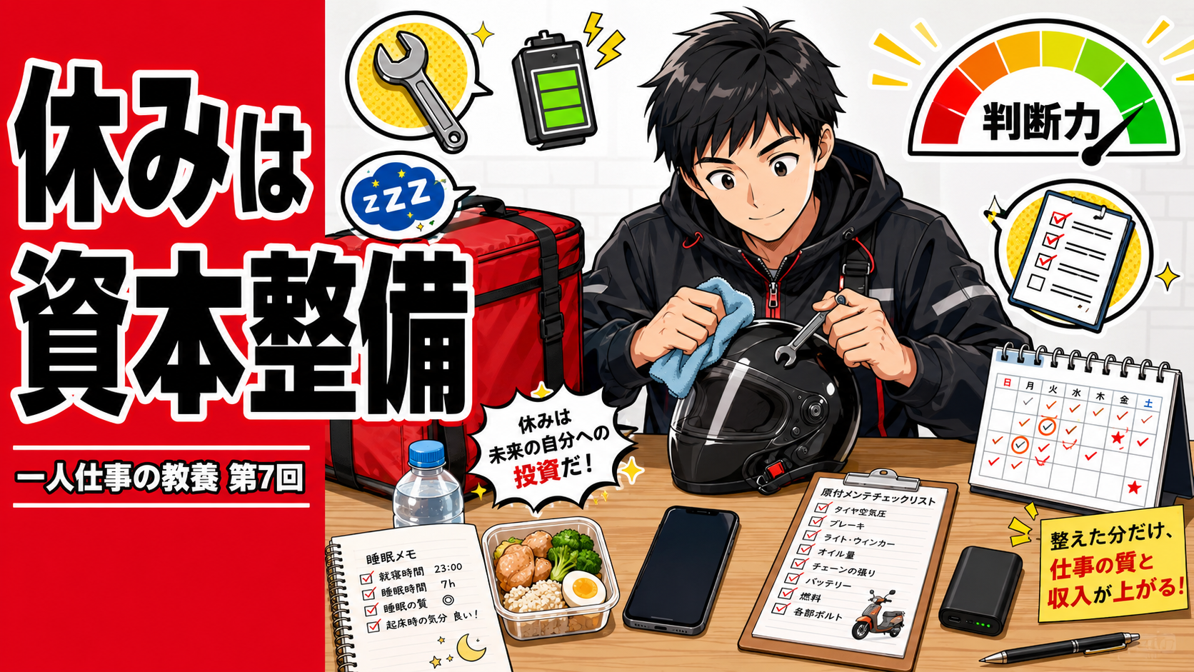 配達バッグと原付ヘルメットを横に置いた男性が、睡眠メモやカレンダー、メンテチェックリストを見ながら休みを整備時間として使っているサムネイル。「休みは資本整備」という文字が入り、一人仕事における回復とピットインの重要性を表している。