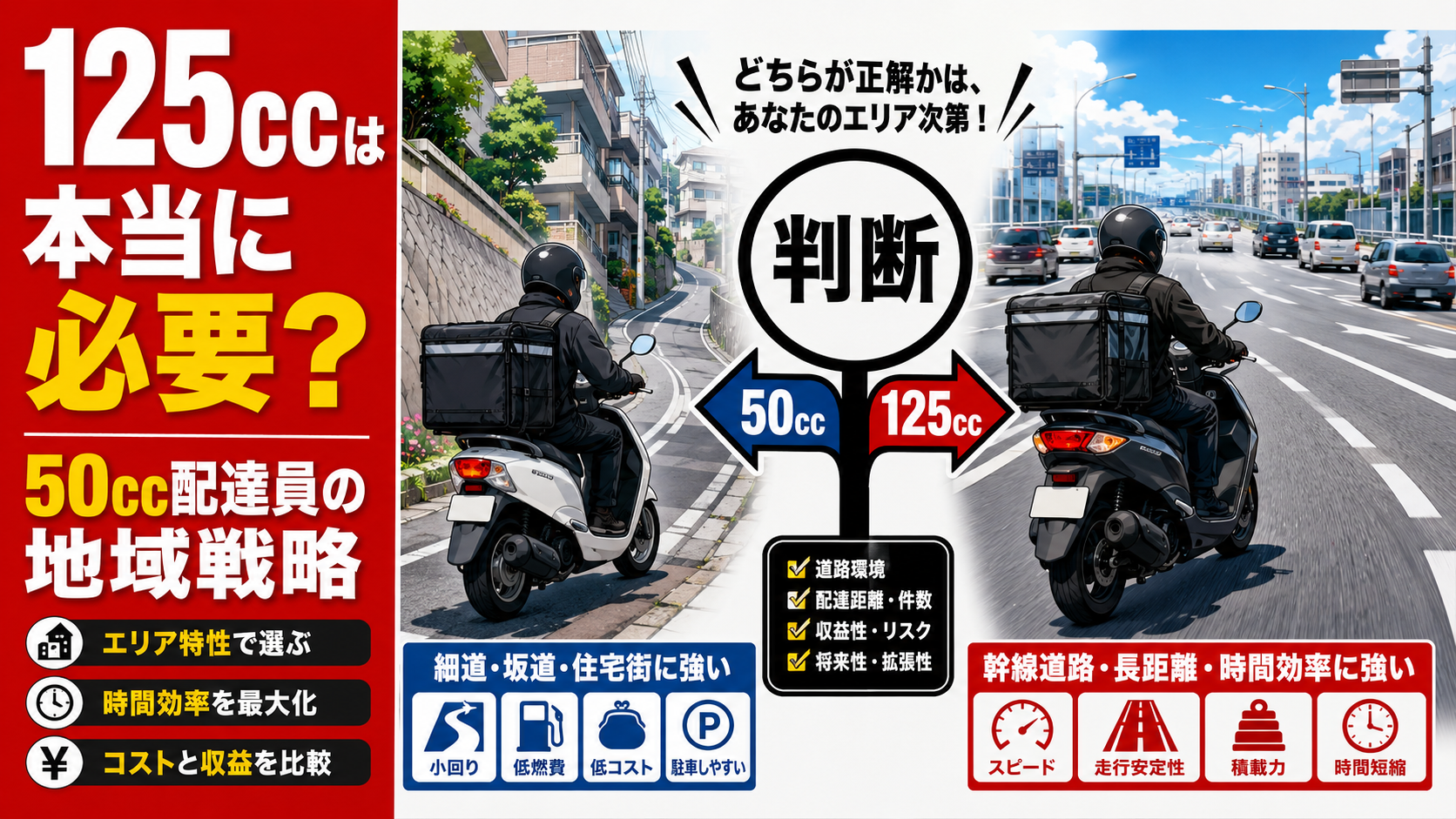 50ccスクーターと125ccスクーターが横浜郊外の道路で比較され、「125ccは本当に必要？」という文字が入ったフードデリバリー配達員向け解説サムネイル