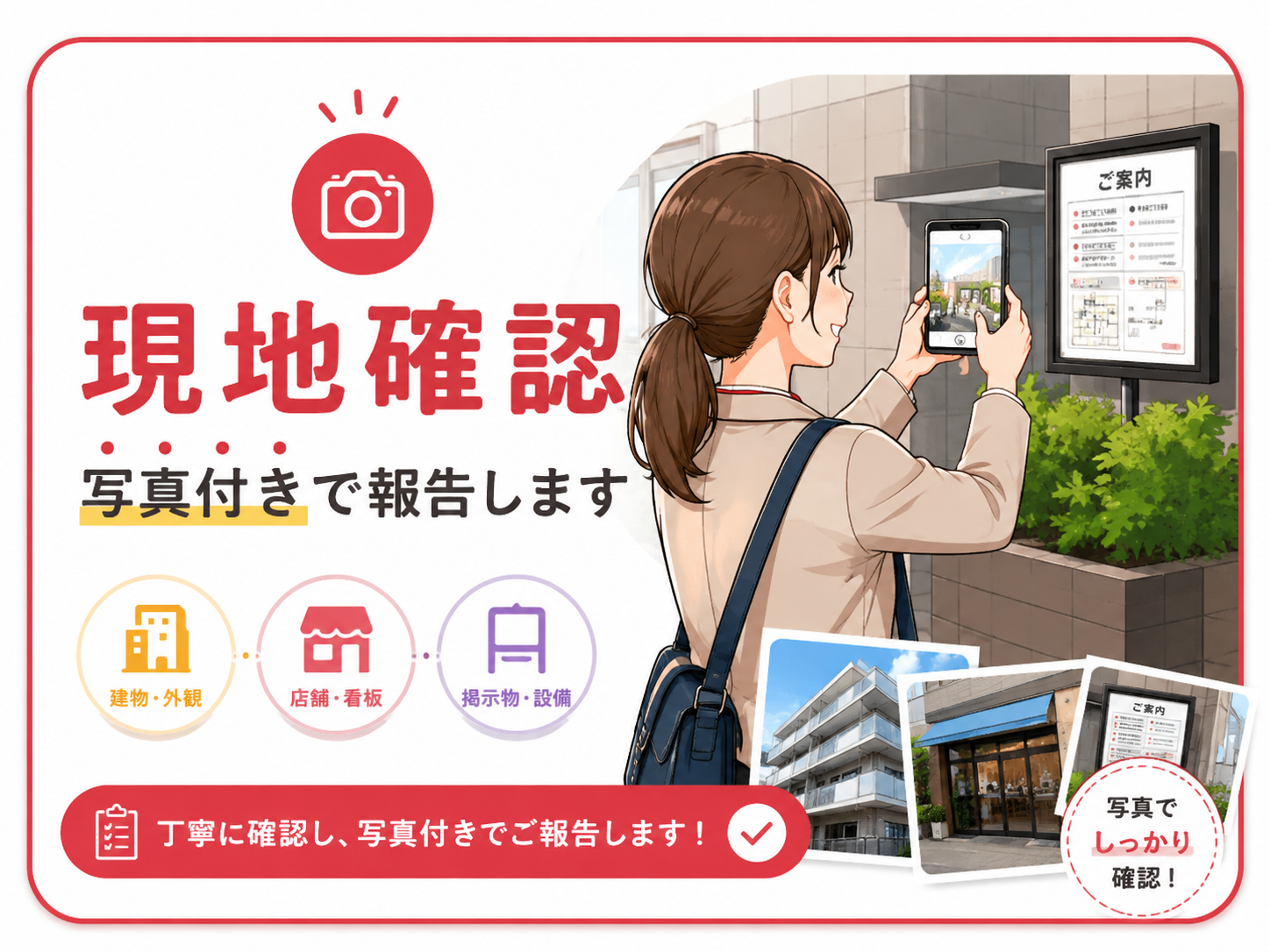 女性スタッフが建物や店舗をスマートフォンで撮影する現地確認サービス
