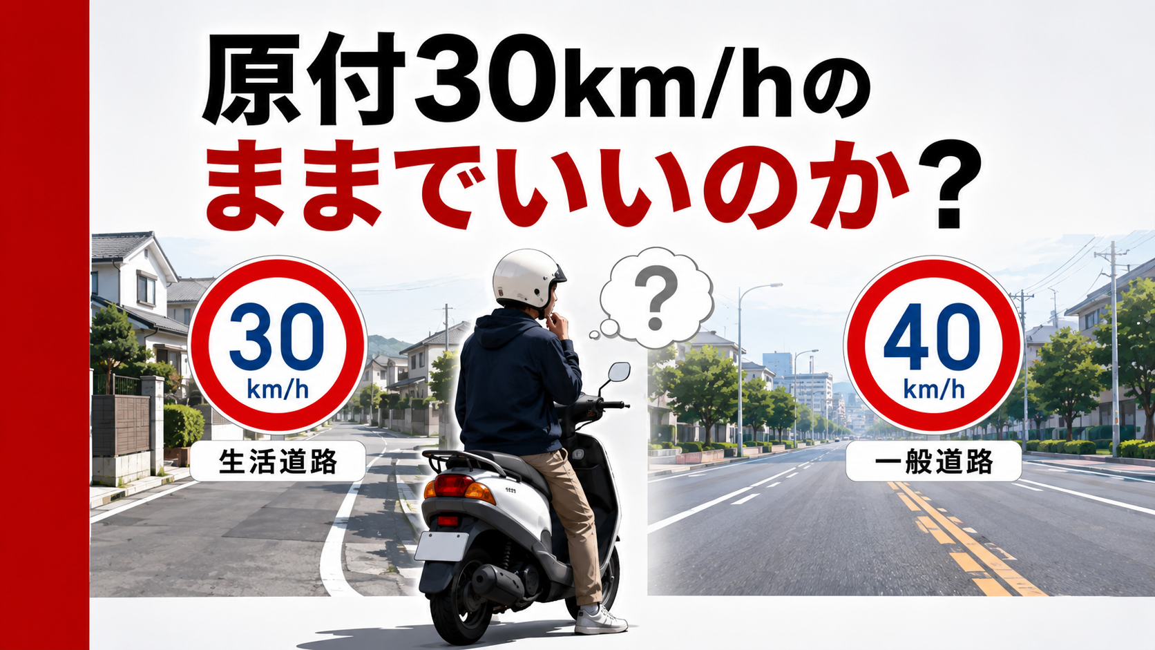 原付30kmh制限と40kmh案を比較し、新基準原付と生活道路30kmh化で見える制度のズレを考える本店記事用アイキャッチ画像