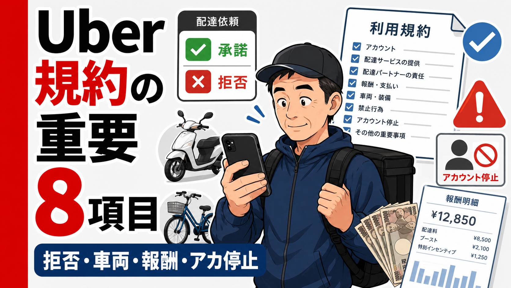 Uber Eats配達員の利用規約について拒否、登録車両、報酬、アカウント停止などを解説する記事のアイキャッチ
