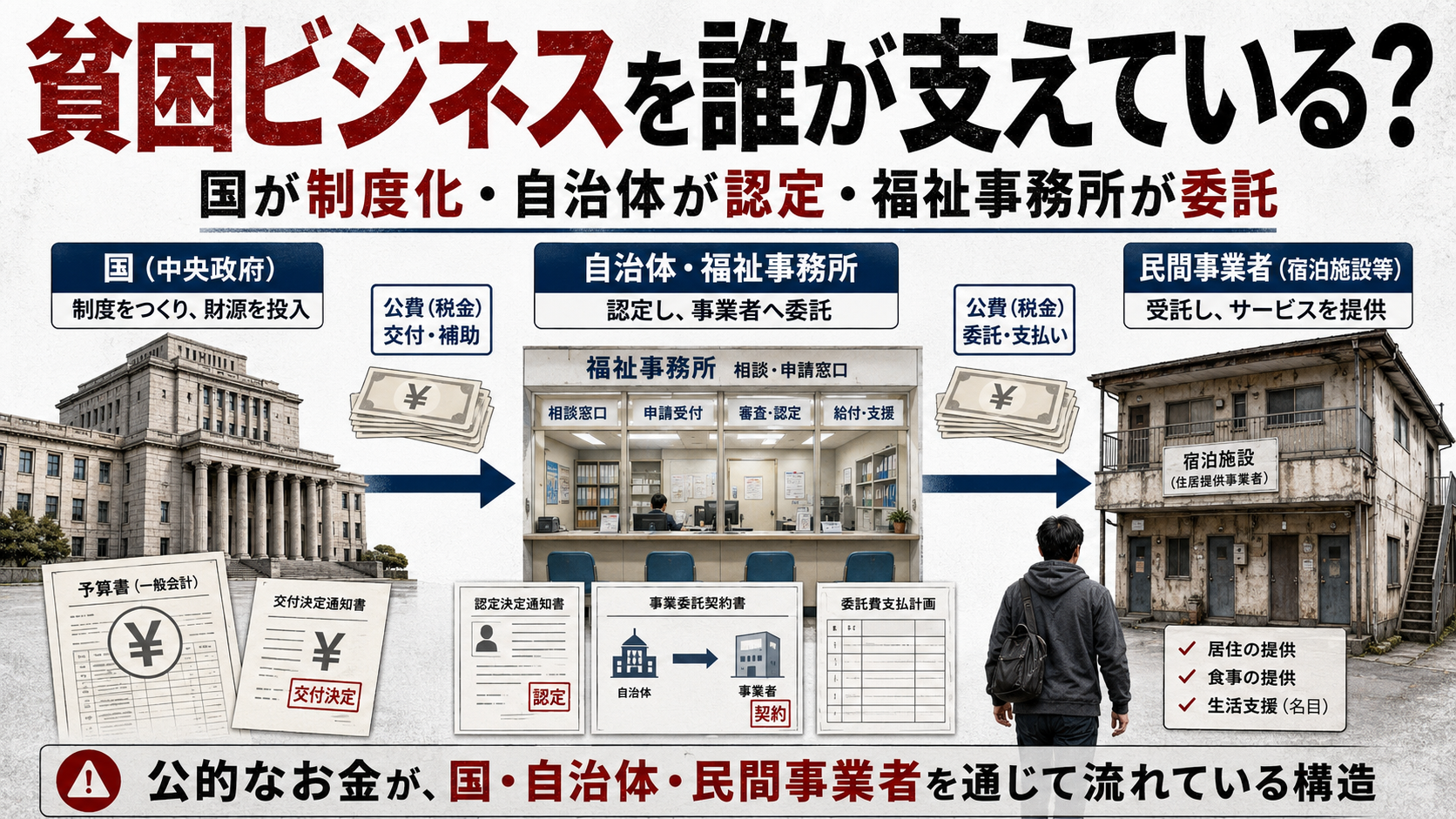 国、自治体、福祉事務所、民間宿泊施設へ公費が流れる貧困ビジネスと生活保護制度の構造図