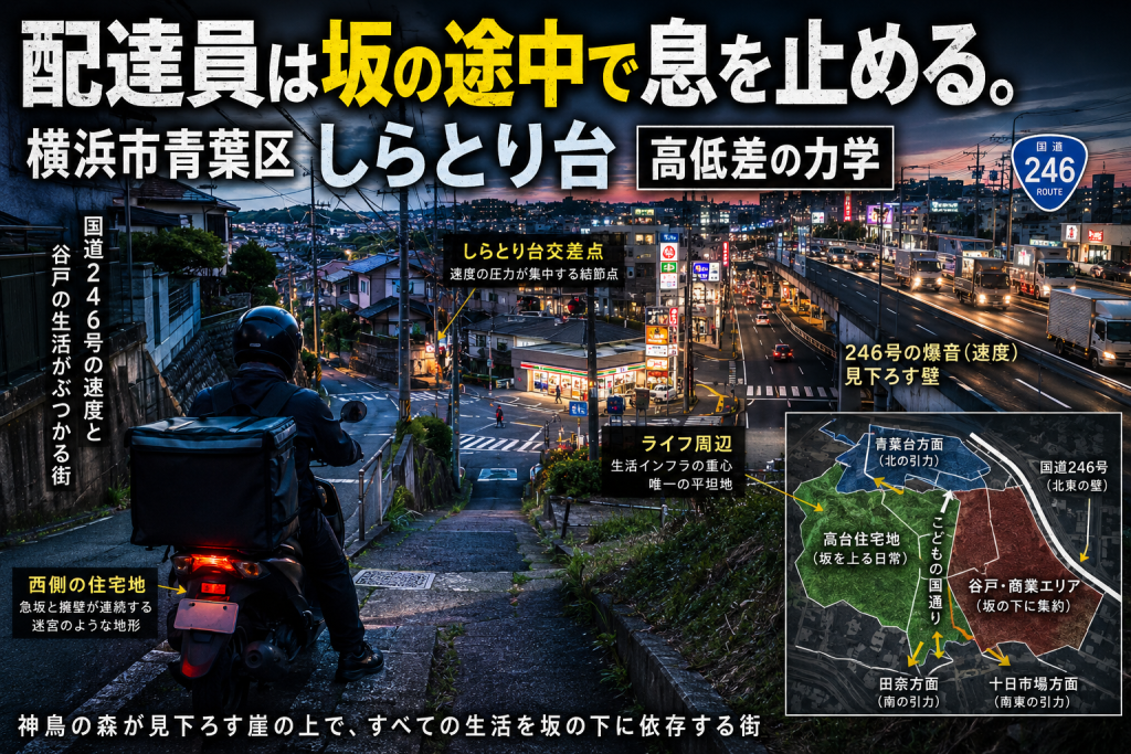 しらとり台は、国道246号のすぐ横で生活の速度を守る街だった。配達員が走る坂と公園の地図