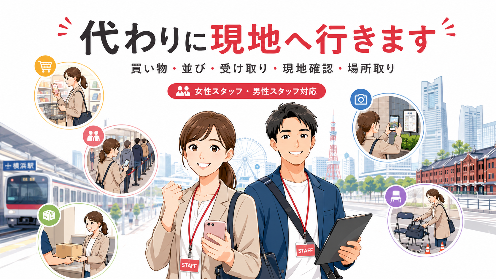 横浜や東京で買い物、並び、受け取り、現地確認、場所取りを代行する女性スタッフと男性スタッフ