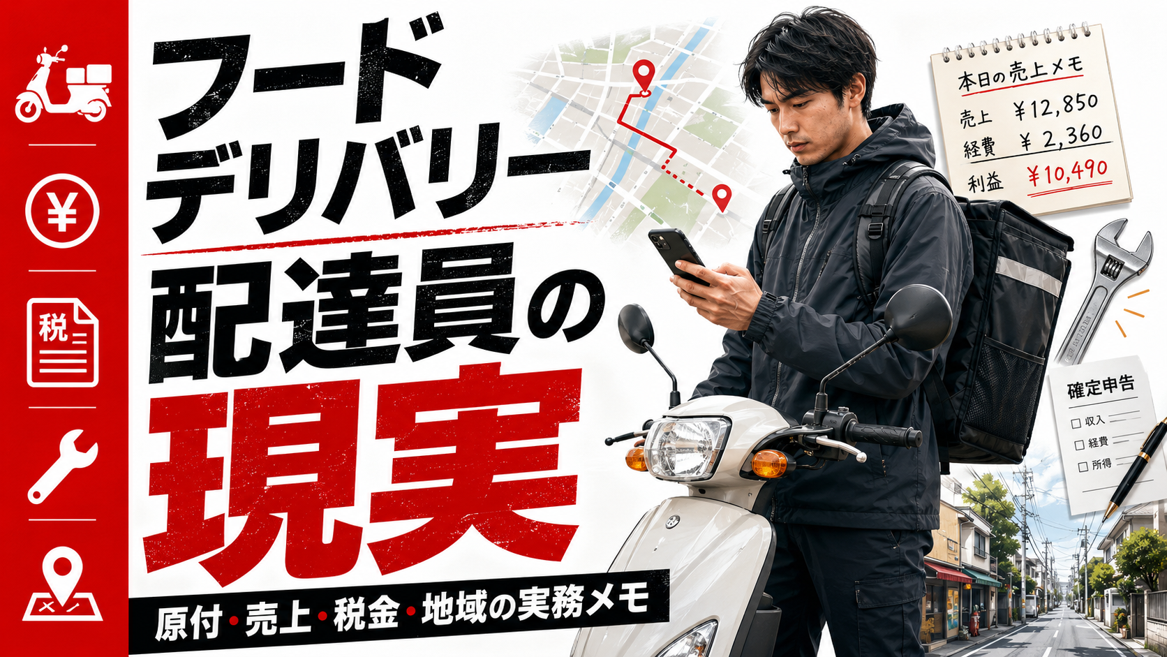原付スクーターと配達バッグを持つフードデリバリー配達員が、スマホで売上や地図を確認しているアイキャッチ画像。売上、税金、整備、地域メモを象徴する図解入り。
