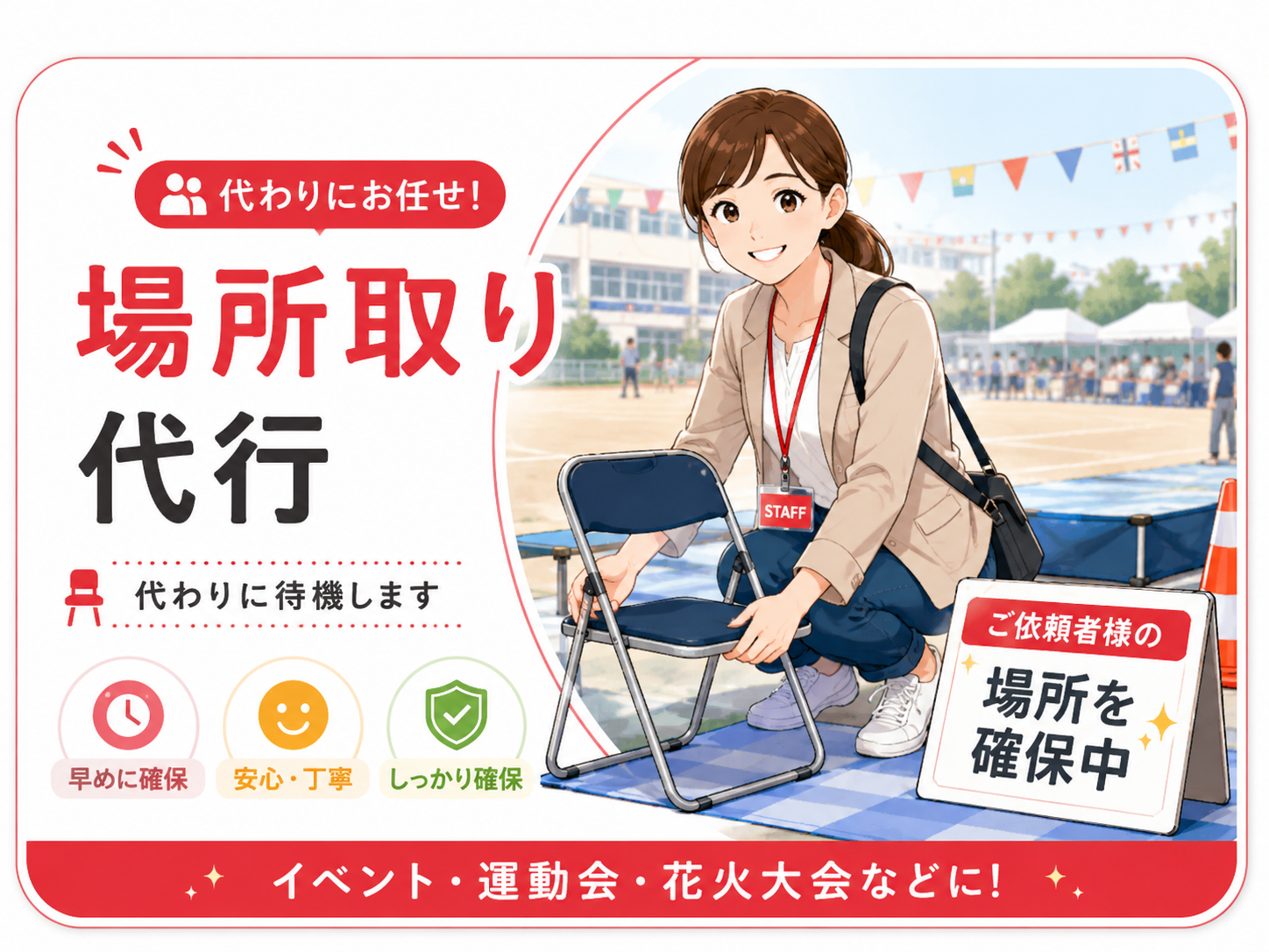 女性スタッフが運動会やイベント会場で場所を確保する場所取り代行サービス