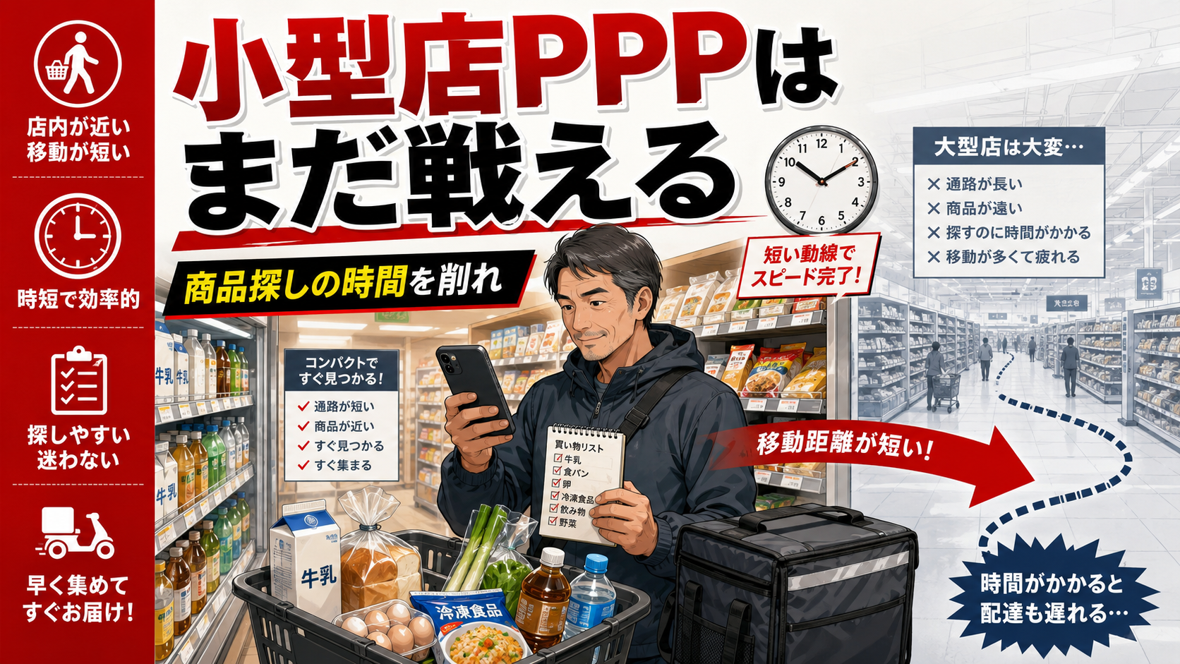 小型スーパーで買い物リストの商品を探す配達員と、Uber Eatsの買い物代行PPPが小型店なら受けやすい理由を表したイラスト