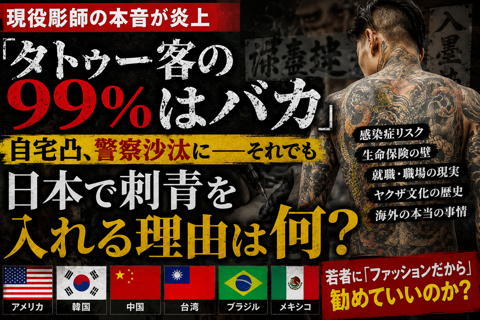 両腕にタトゥーを入れた人物を通して、日本の刺青文化とヤクザの歴史、感染症、生命保険、就職、海外事情を考えるイメージ