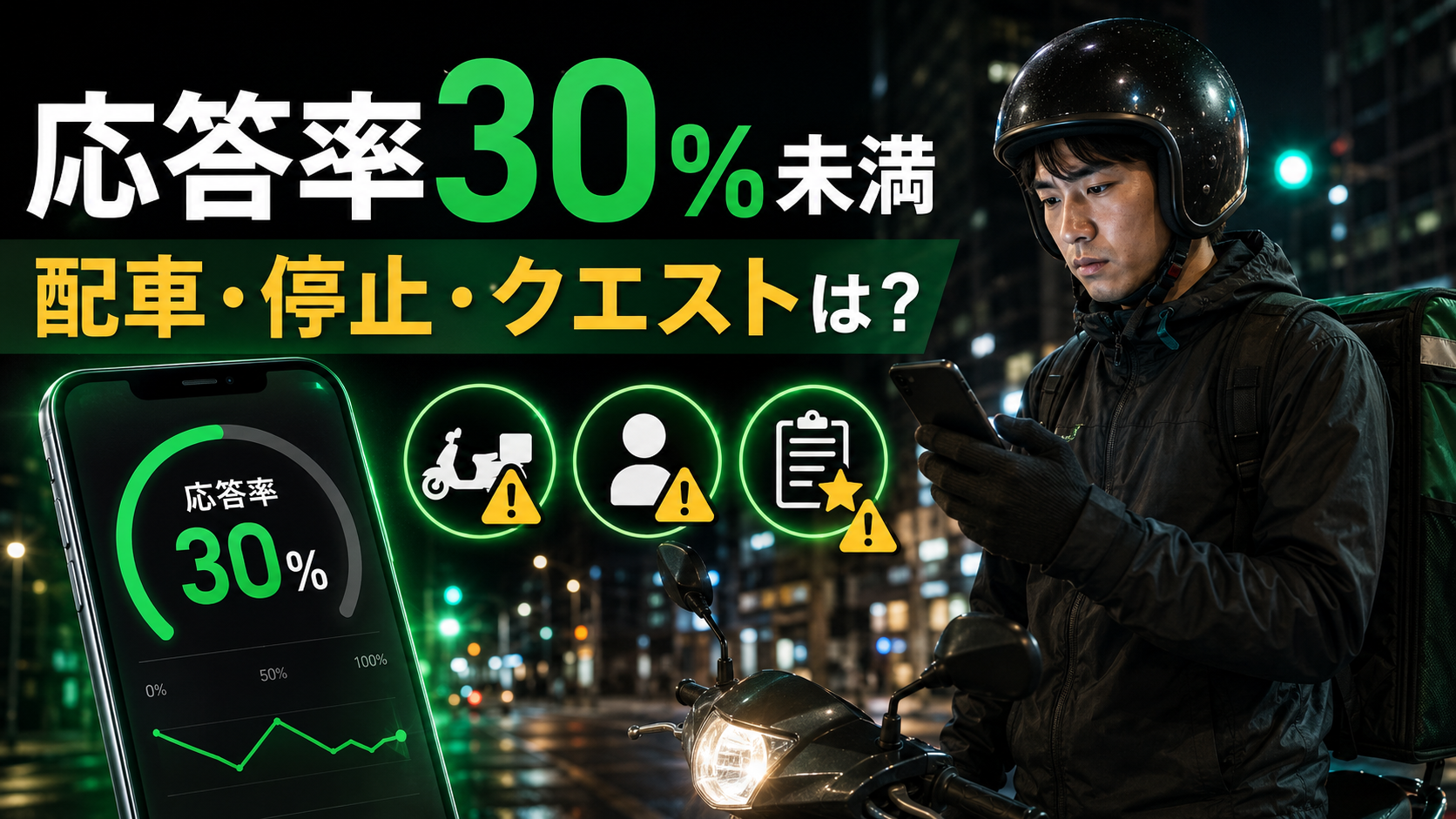Uber Eats配達員がスマートフォンに表示された応答率30％を確認し、配車・アカウント停止・クエスト・Uber Eats Proへの影響を考えているイメージ