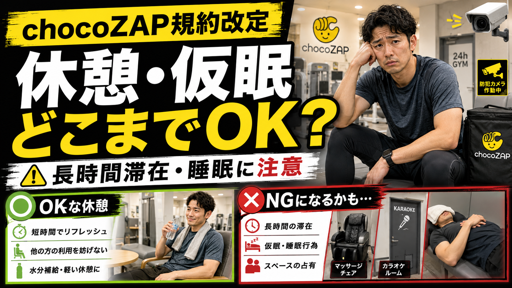chocoZAPの利用規約改定で長時間の休憩・睡眠・宿泊が禁止対象となることを解説する記事のアイキャッチ