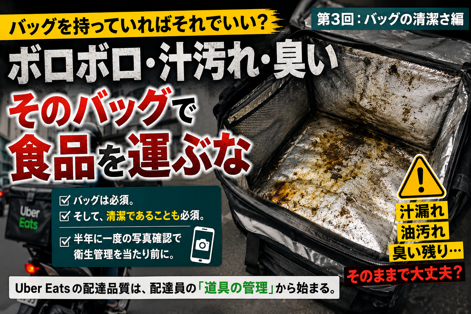 Uber Eatsの配達バッグの汚れや破損、汁漏れ、臭いなどを例に、食品配送用バッグの清潔基準と定期確認の必要性を考えるイメージ