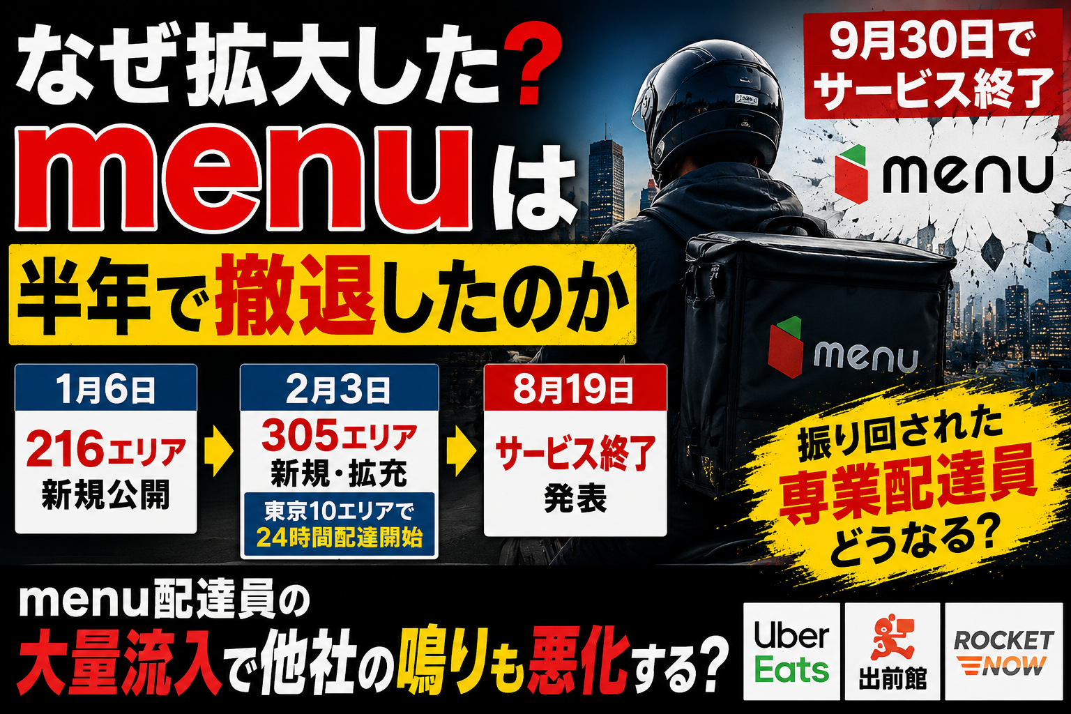 2026年1月・2月に大規模エリア拡大を行いながら約半年後にサービス終了を発表したmenuと、撤退による専業配達員への影響を表したイメージ
