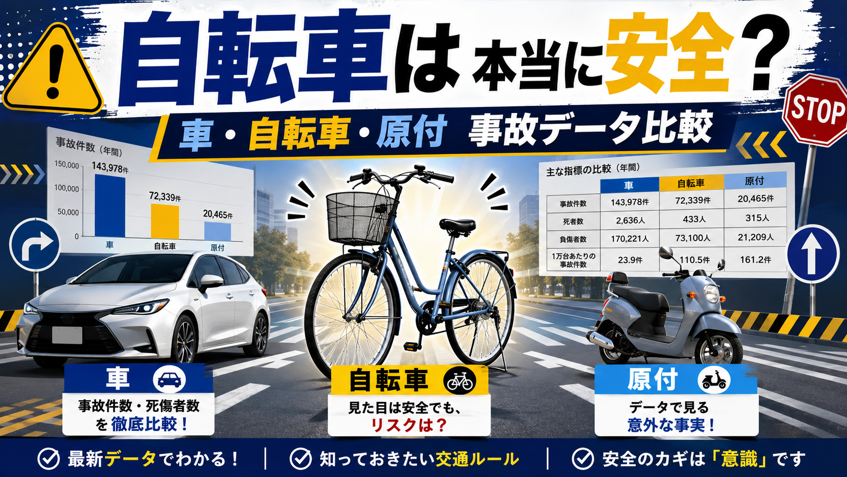 車・自転車・原付の交通事故死傷者数や事故データを比較し、自転車は本当に安全なのかを解説する記事サムネイル