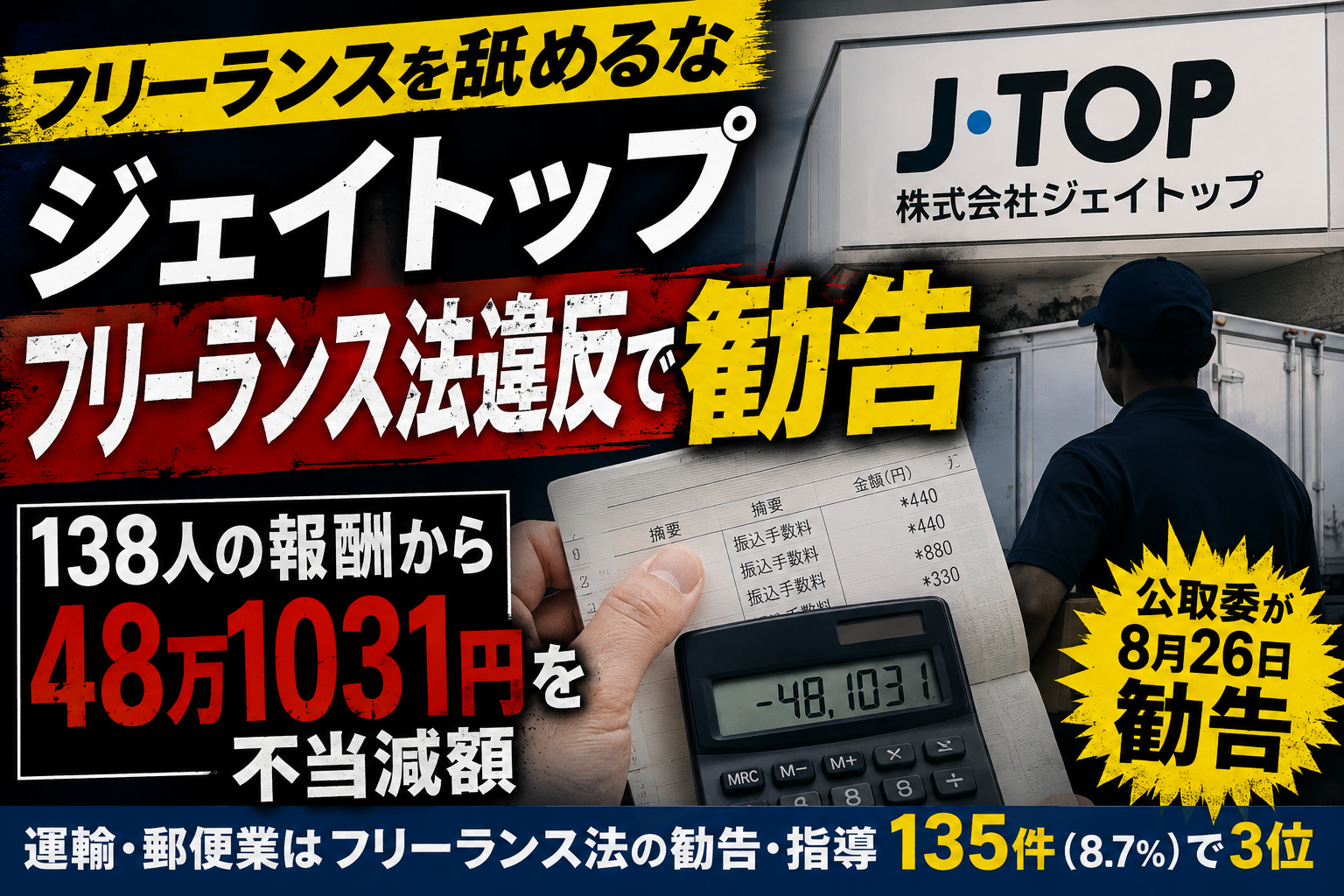 エディオン子会社ジェイトップがフリーランス138人の報酬を不当に減額し公正取引委員会から勧告を受けた問題を伝えるイメージ