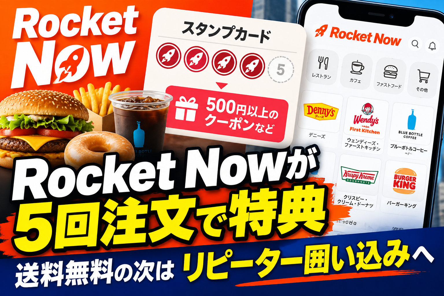 Rocket Nowのスタンプカード開始を伝えるサムネイル。5回注文で500円以上のクーポンなどの特典がもらえ、送料無料の次にリピーター獲得を狙う新施策を紹介。
