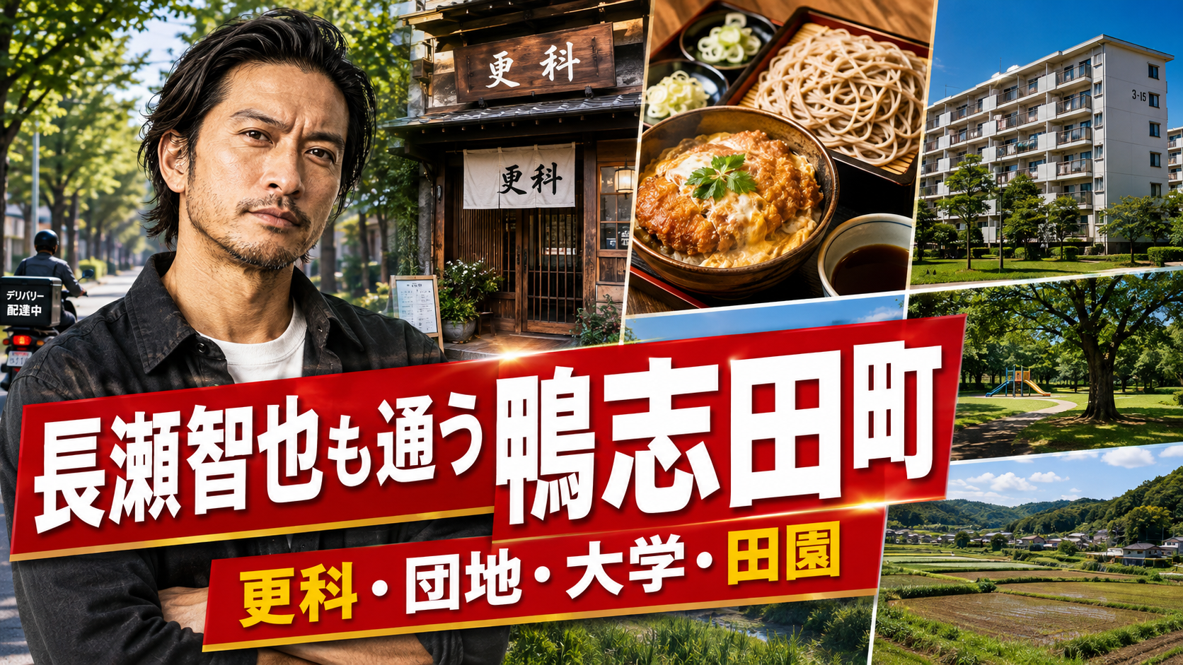 横浜市青葉区鴨志田町を紹介する地域総合記事のアイキャッチ、長瀬智也さんゆかりの更科や団地・大学・田園・地元飲食店を紹介