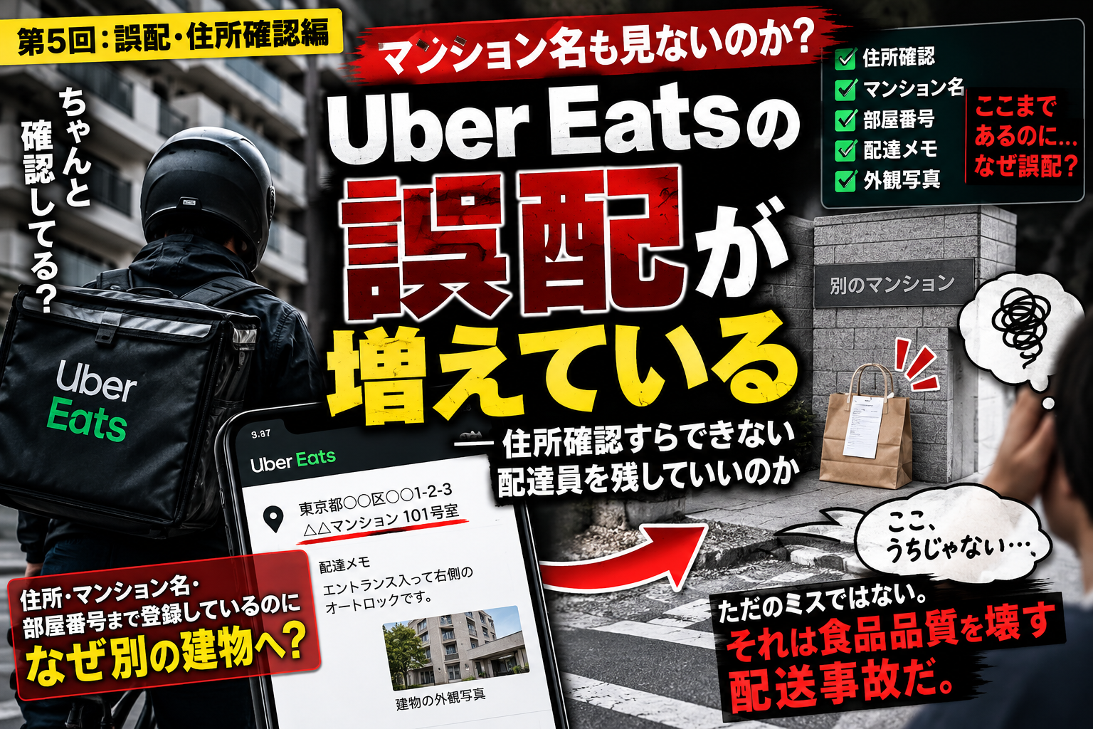 Uber Eatsの配達員がマンション名や住所を確認せず別の建物へ置き配する誤配問題と、住所確認・再教育・配達員選別の必要性を考えるイメージ