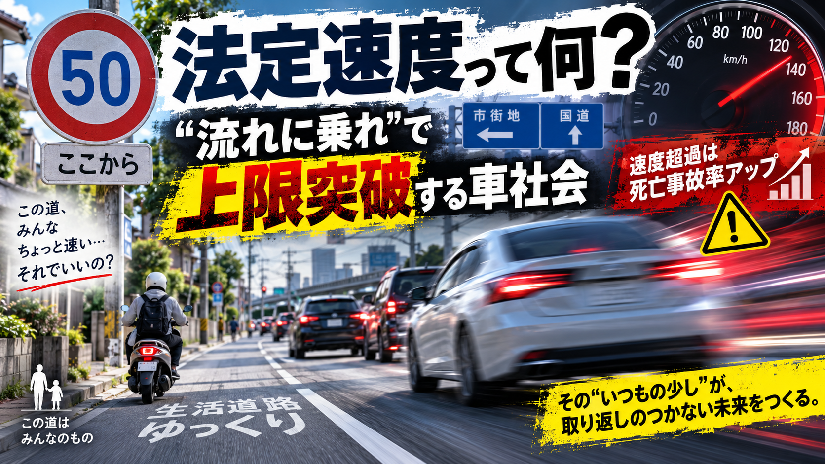 法定速度を超えて走る車の流れと速度標識を描き、「流れに乗れ」で速度超過する車社会を問いかける記事サムネイル