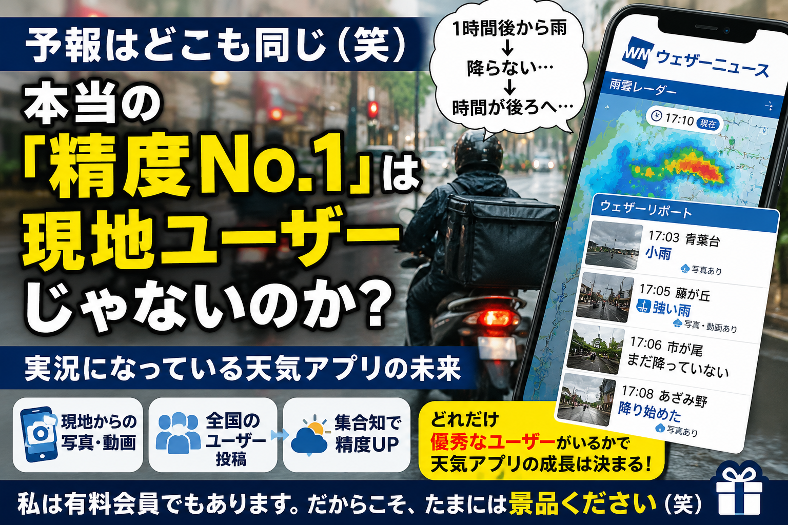 ウェザーニュースの予報精度No.1と現地ユーザーによる天気実況の価値を考えるイメージ
