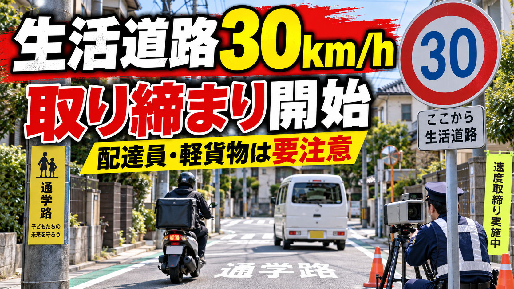 生活道路30km/h規制の取り締まり開始を示すサムネイル。住宅街の30km/h標識、配達バイク、軽貨物車、速度取締り装置を配置し「配達員・軽貨物は要注意」と訴求。