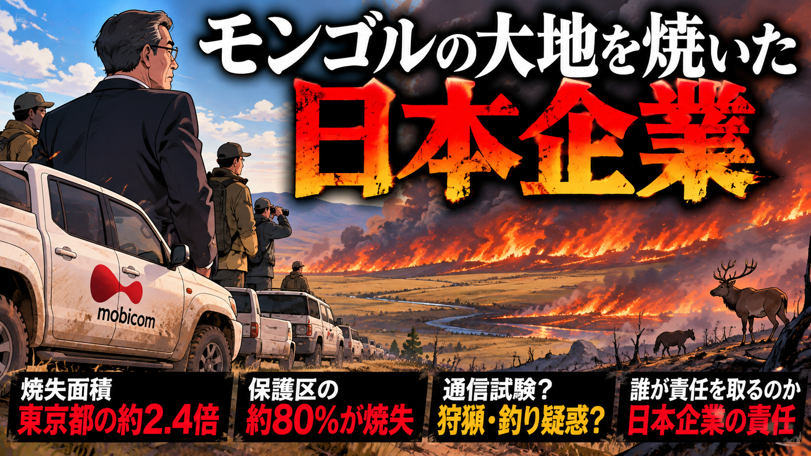 モンゴルの大規模草原火災を描いたアニメ風イラスト。KDDI傘下モビコムの車両と関係者、燃え広がる草原や野生動物を背景に、自然保護区の焼失被害と日本企業の責任を問うサムネイル。