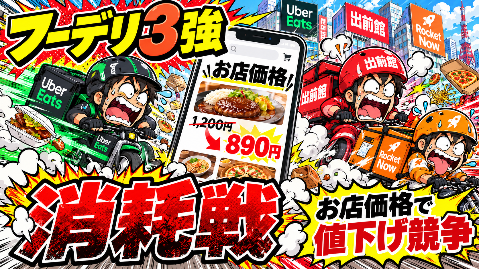 Uber Eats・出前館・Rocket Nowの配達員が競争する様子と、「お店価格」「値下げ競争」「消耗戦」の文字を描いたフードデリバリー3強競争のアニメ風サムネイル
