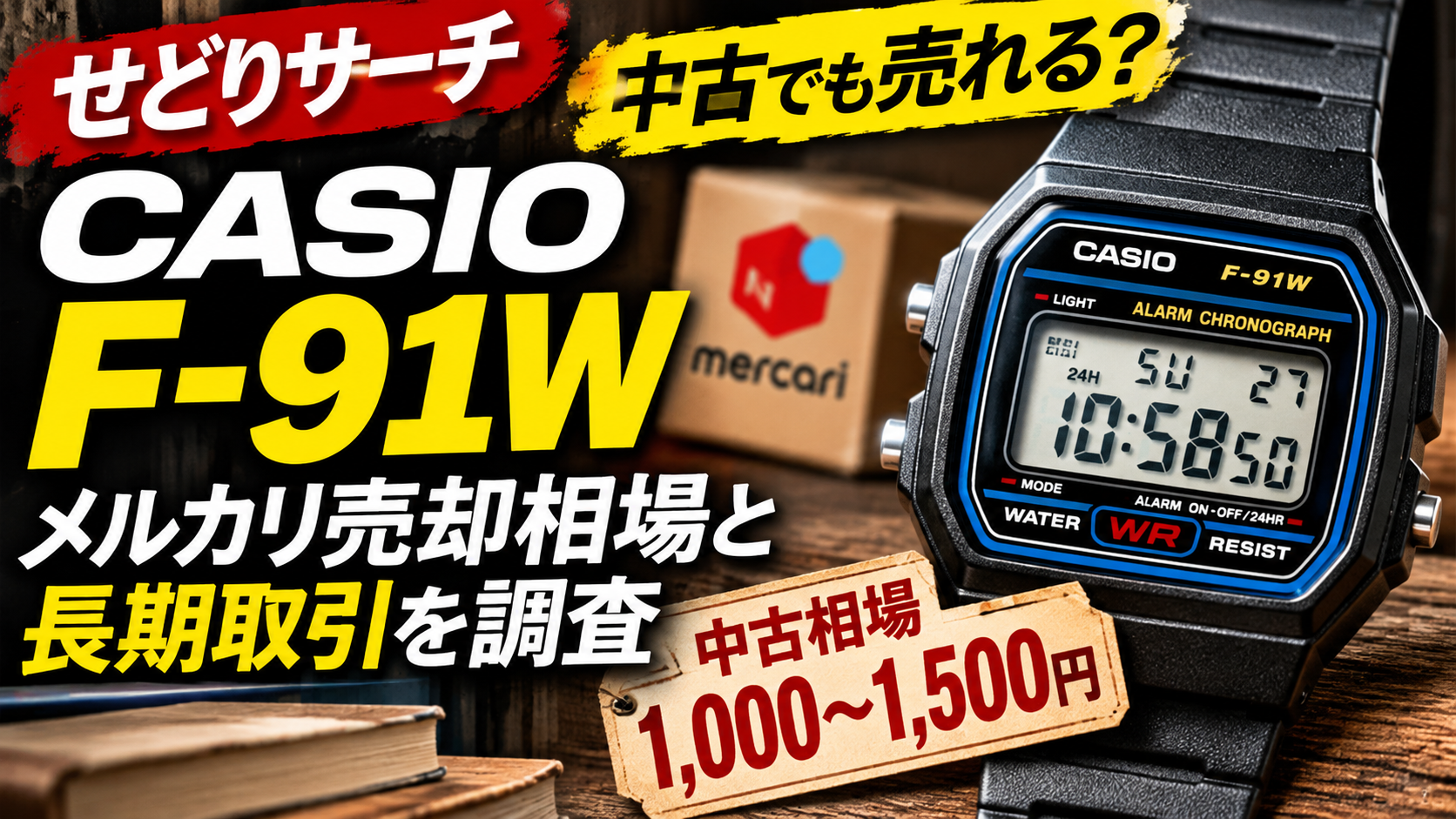 せどりサーチ｜CASIO F-91Wデジタル腕時計のメルカリ中古売却相場1,000〜1,500円と長期取引記録を調査した記事のアイキャッチ画像