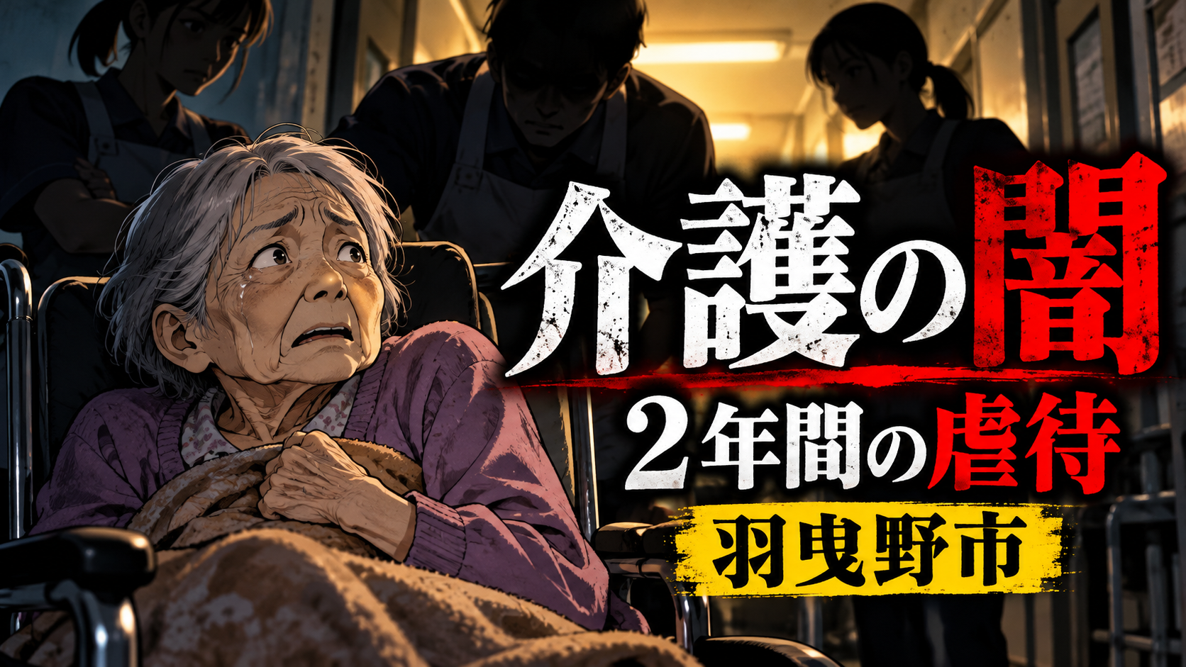 大阪・羽曳野市の介護施設で約2年間続いた高齢者虐待事件を描いたアニメ風イラスト。怯える車椅子の高齢女性と背後に立つ介護職員、「介護の闇」「2年間の虐待」の文字。