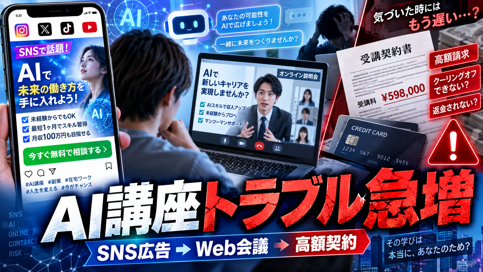 AI講座トラブル急増を伝えるイメージ。SNS広告からWeb会議へ誘導され、高額な受講契約につながる流れをスマートフォン、オンライン説明会、契約書で表現。