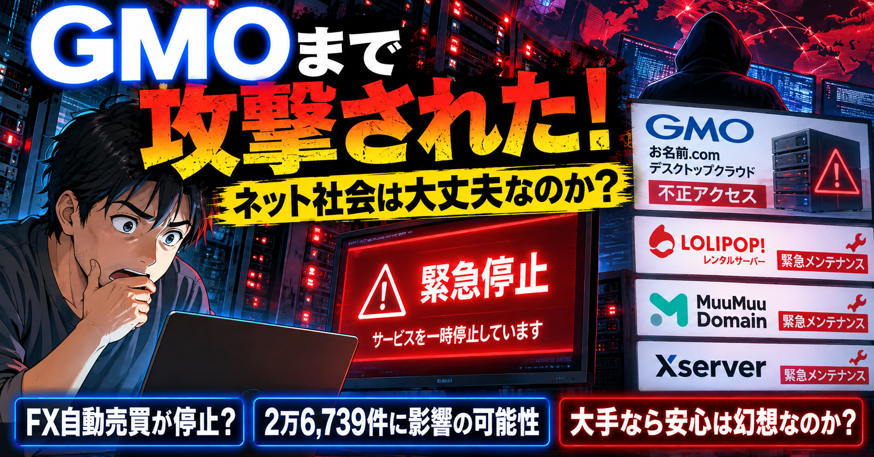 GMOの不正アクセス事件と国内ネットサービスの緊急停止をテーマに、警告表示が並ぶサーバールームと驚くブログ運営者を描いたアニメ風イラスト。