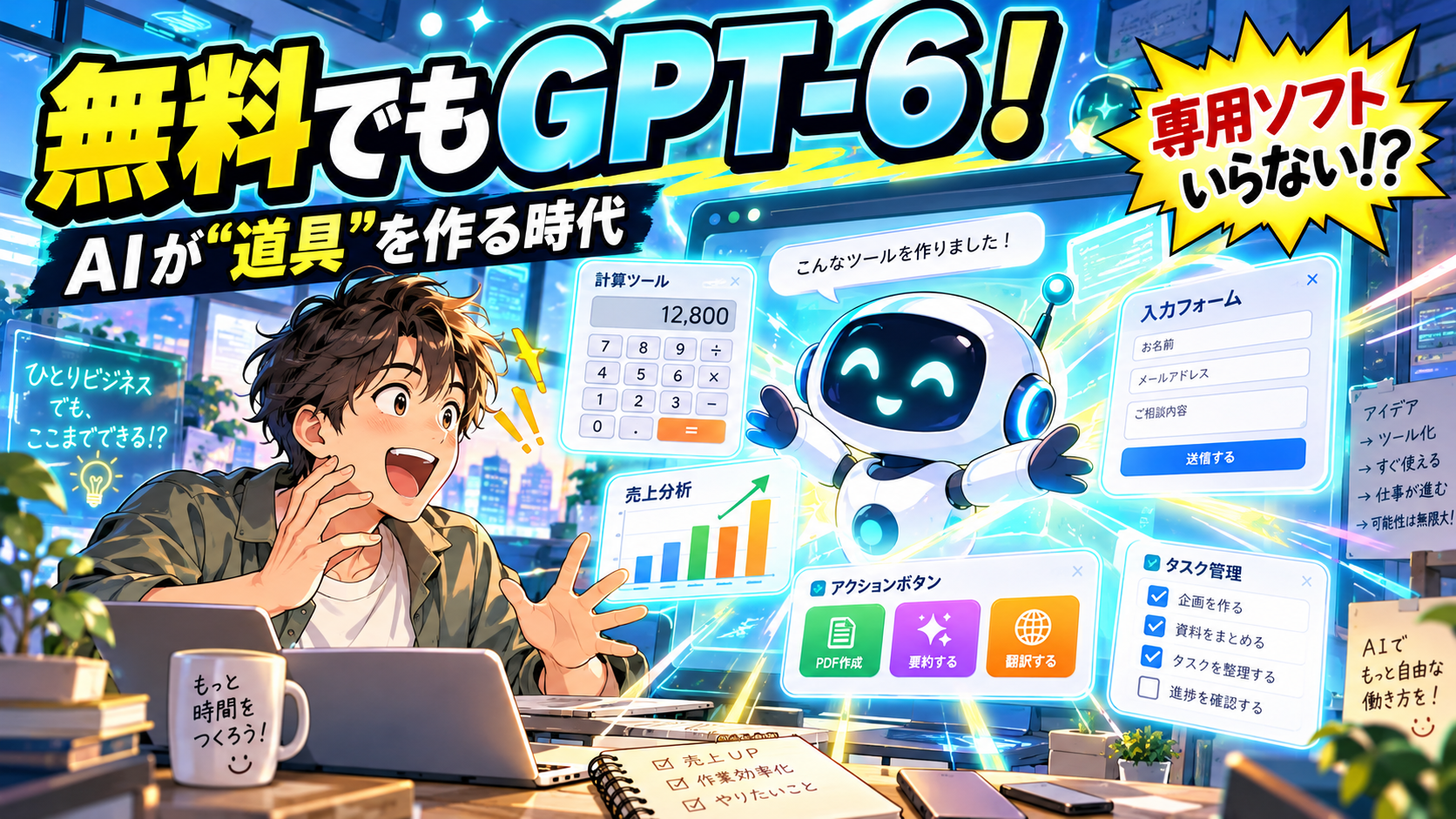ChatGPTのGPT-6無料開放とIntelligent UIをイメージしたアニメ風イラスト。AIが計算機やグラフを生成し、個人事業主のソフトウェア費用削減につながる可能性を表現。